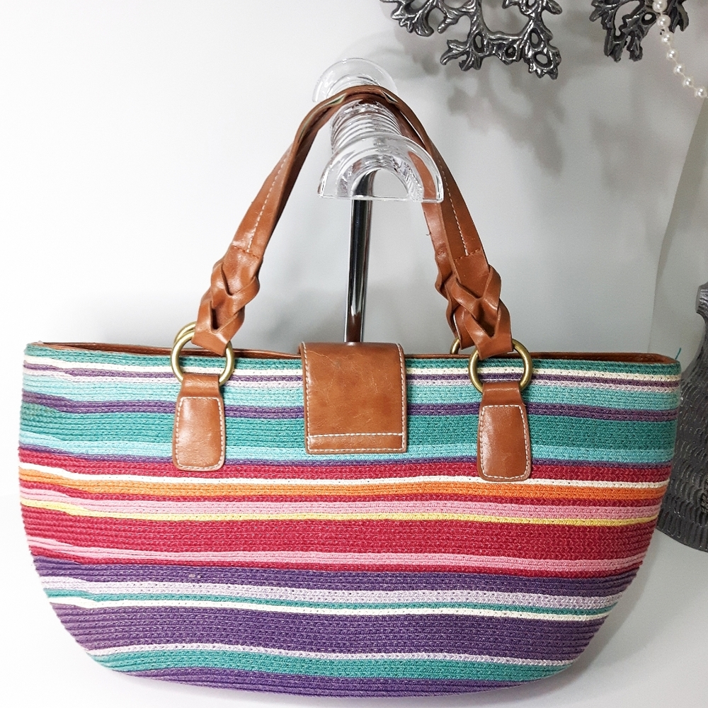Beach Boho Woven Bag|Shoulder Tote Bag | Multicolor Stripped Cotton - Picture 4 of 12